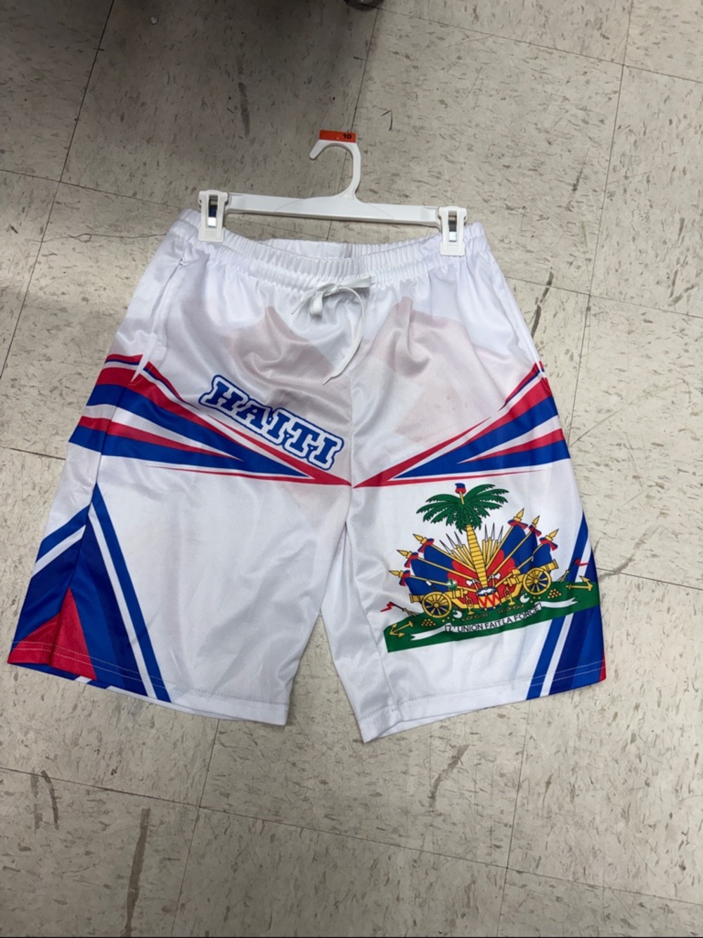 White Haiti Athletic Shorts with Blue & Red Graphic